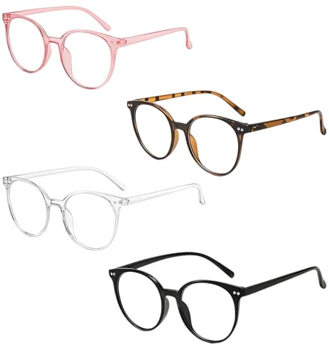 RxaGtn Blaulichtfilter Brille, 4er Set mit Blaulichtfilter für Computerarbeit, Gaming und Studium, Brille ohne Stärke Damen und Herren, Schwarz, Weiß, Leopardenmuster, Pink