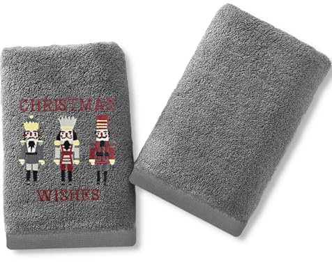 Velosso Pack of 2 Christmas Hand Towels - Festive Embroidered & Plain Design, Soft & Absorbent Cotton, Perfect for Bathrooms or Kitchens, Durable & Machine Washable (Nutcracker Grey)