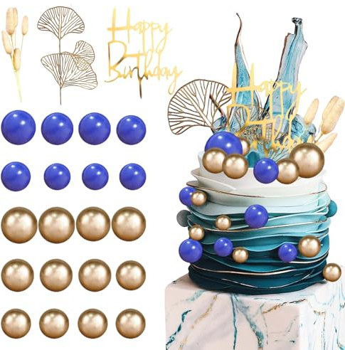 Blue Gold Cake Balls Decoration, Cake Balloons, Ball Cake Toppers with Flowers and Ginkgo Leaf Decorative, Boho Ginkgo Leaf Cupcake Toppers for Wedding Party Anniversary(Blue Gold, 27Pcs)