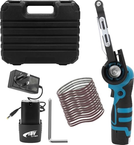 WODHMIEY Cordless Belt Sander 16.8V Electric File with 1 Batteries & 15 Sanding Belts 80–1000 Grits Adjustable Angle Powerful Motor, for Wood Metal DIY Furniture Car Parts Detail Grinding in Blow Case