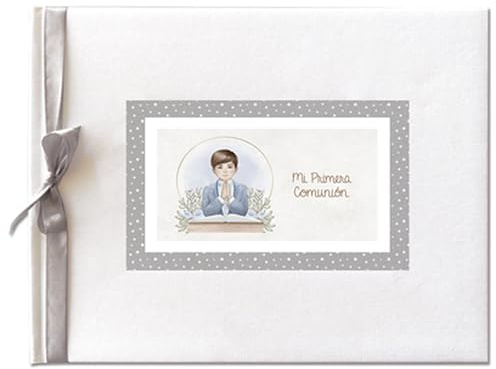 Libro de Firmas Comunión Niño – Álbum de Recuerdos con Portada Acolchada en Guaflex Blanco Elegante, Lazo Plateado, Papel 160 g, 64 Páginas, 27,5 x 23 cm – Presentación en Caja Transparente