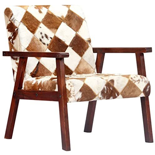 SooIarix Sessel Weiß und Braun, Echtes Ziegenleder, Massives Akazienholz, 61x69x72 cm, Loungesessel im Kuhfell-Optik, Polsterstuhl für Wohnzimmer