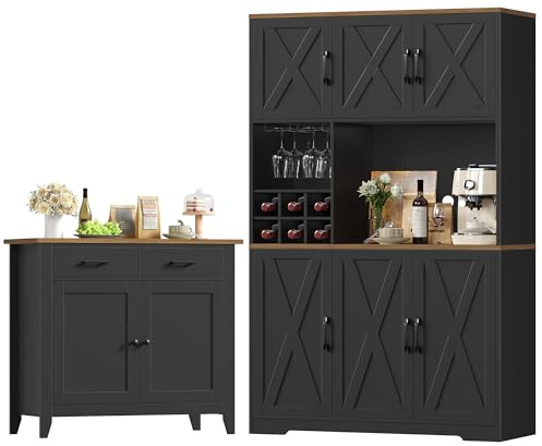 HOCSOK Köksskåpsset, bufféskåp med vinställ och glashållare, sideboard kök med 2 lådor, högskåp hemmabar för kaffébar, matsal, vardagsrum (svart)