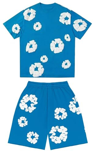 TianWlio Set di 2 pezzi da uomo e bambino, t-shirt e pantaloncini estivi, stampa floreale, Y2K, Hip Hop Streetwear a maniche corte, pantaloncini larghi da jogging con tasche, 13-14 Anni