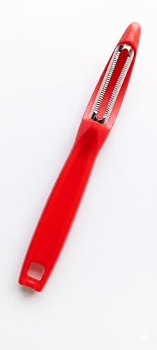 3 Claveles Pelador de Verduras y Frutas de Cuchilla Serrada Basculante, Acero Inoxidable, Mango Ergonómico Sintético, Apto para Lavavajillas, Longitud 18 cm, Color Rojo