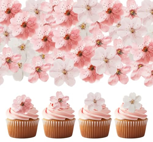 50 Pcs Edible Cherry Blossom Cupcake Toppers | 3D Pink Wafer Paper Flowers Cake Decorations for Wedding, Baby Shower, Birthday Party, and Dessert Decor