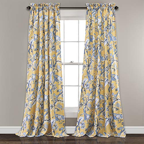 Lush Decor Dolores 2 STK. Lichtfilternde Fensterpaneele, 132 x 213 cm, Gelb – Stoffvorhänge – Blumen-Vogeldruck – Grandmillennial & Französischer Landhausstil – Landhaus & maximalistische Deko