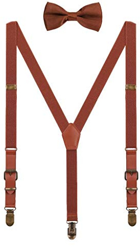 WANYING Barn baby småbarn pojkar flickor hängslen fluga set för 1–8 år gammal vintage stil 2 cm bredd 3 klämmor Y-form hängslen, Brun med fluga, 1-8 År