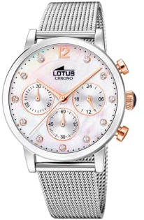 LOTUS Reloj Mujer Analógico de Acero Inoxidable 316l Plateado | Movimiento de Cuarzo Cronógrafo, Cristal Mineral de Alta Resistencia, Resistente al Agua 5 ATM 18676/1, Trendy