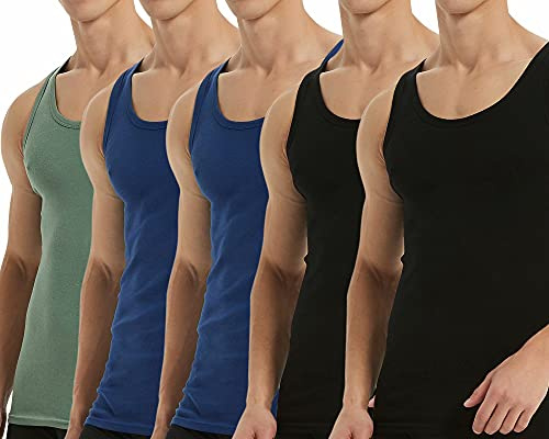 Falechay Canottiera Uomo Pacco da 5 100% Cotone Elasticizzato Fitness Canottiera Sportiva Nero Blu Verde XL
