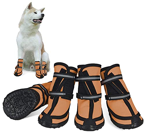 Hundeschuhe pfotenschutz mit Anti-Rutsch Sohle, reflektierendem Riemen, Klettverschluss wasserdicht Schneeschuhe für mittelgroße große Hunde 4 Stück Orange S