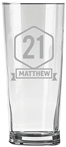 Personalised Engraved Pint Glass - 21st Birthday Gift, 21 in a Border with Personalised Name