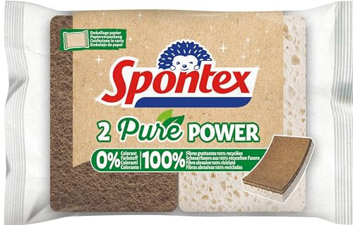 Spontex Pure Power, 2 spugne per la pulizia con tessuto non tessuto abrasivo in 100% fibre riciclate, 1 x 2 pezzi