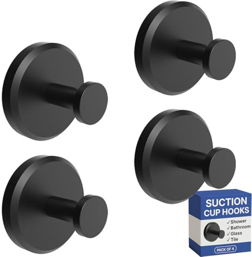 HOME SO Suction Cup Hooks for Shower & Bathroom Towel Holder 4-Pack – Suction Cups Hooks for Hanging Towels, Robes, & Coats - Tiles, Glass Door or Mirror – Shower Hooks & Towel Hooks Organizer - Black