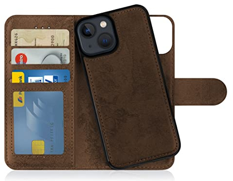 MyGadget Flip Case für iPhone 13 Mini - [ abnehmbare Magnet Hülle ] - Handyhülle aus Kunstleder - [ Klapphülle mit Kartenfach ] Schutzhülle in Braun