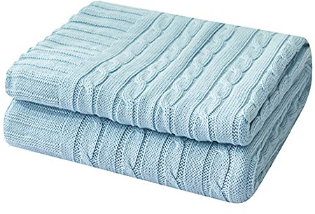 Zoomlie Große 100% Baumwolle blau gestrickte Überwurfdecke 180 x 200 cm warm waschbar langlebig Couch Überwurf für Sofa Sofa Bett weiche Decken für Doppelbett (blau, 180 x 200 cm)