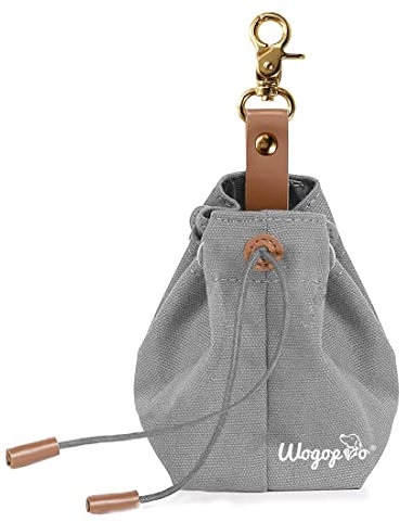 WOGOPRO Leckerlibeutel für Hunde, Canvas Hundefutterbeutel mit Clip Sch nalle und Spannseil, Futterbeutel für Hundetraining (Grau)