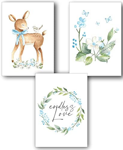 Manschin-Laserdesign Wandbilder Kinderzimmer Poster Babyzimmer Deko Mädchen Jungen Bilder DIN A4 Dekoration Aquarell Waldtiere skandinavisch Rehe (DinA4, P1017)
