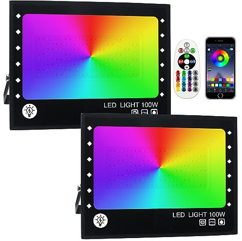 OUSIDE RGB LED Strahler,2 Stück 100W Fluter Außen Bluetooth Objektbeleuchtung,LED Fluter Flutlichtstrahler, IP66 Wasserdicht LED Flutlicht für Balkone,Gärten Stimmungslichter