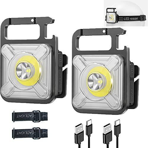 PKKP 2 Stück Mini LED Taschenlampe mit Stirnband, 1000 Lumen Arbeitsleuchte Schlüsselanhänger 11 Modi Stirnlampe USB Aufladung mit Klappständer und Starke Magnete für Notfall/Reparatur/Camping