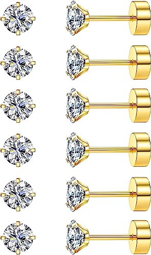 Diamday 6 Paare 20G Ohrstecker Knorpel Ohrring für Frauen Männer Mädchen 2-5mm flache Rückseite Ohrring Set 316L Chirurgenstahl Tragus CZ kleine Helix Piercing Schmuck hypoallergen Gold(4MM)