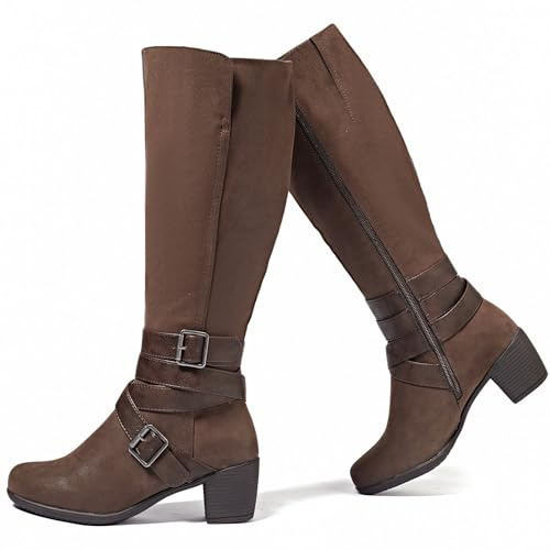 Ruiee Botas altas hasta la rodilla para mujer, cómodas, de tacón grueso, clásicas, puntiagudas, para otoño e invierno, tacón bajo, botas largas para mujer., Marrón Zpu 304, 40 EU