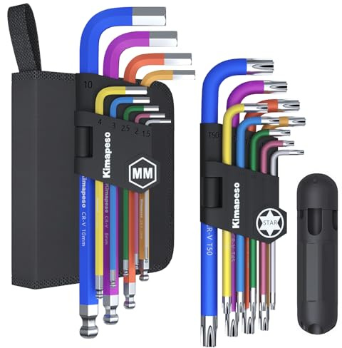 Kimapeso Juego de 18 llaves Allen Torx y métricas Allen, juego de llaves Allen de brazo largo con mango en T, juego de llaves Allen métricas de 1,5 a 10 mm Torx T10 a T50