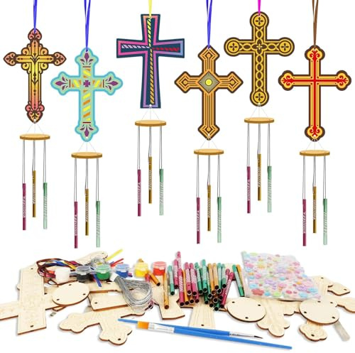 WEDNOK 9 Stück Kreuze Windspiel Bastelset Holz Ostern Basteln Bastelhandwerk zum Bemalen Holzkreuz zum Basteln Klangspiel Kreative Sets für Mädchen Jungen Osterszeit