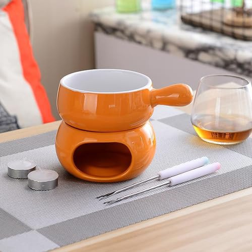 BURLOE Ceramic Fonduetopf Set, Kitchen Fondue Pot Set Chocolate Cheese Cups with Forks Porcelain Melting Pot for Chocolate Fountain Party 300Ml,Orange