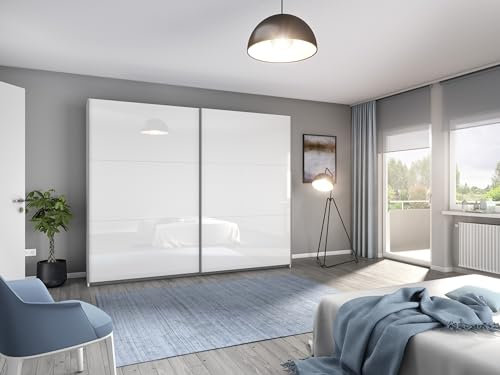 möbelando Schwebetürenschrank >Aurelia< in weiß Hochglanz - 261x210x59 (BxHxT)