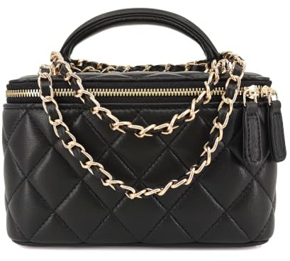 M-ioi-M Petit sac à main en cuir véritable matelassé pour femme, mini sac à main à bandoulière avec poignée sur le dessus avec sangle en chaîne dorée, Noir (sangle de 61 cm), Small