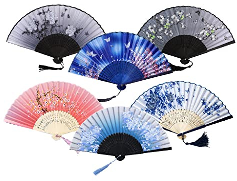 Hitopin 6PCS Folding Hand Fans, Bamboo Silk Folding Fans, Chinese Fans Folding Fans, Retro Style Silk Fans, Handheld Folding Fan, for Festival, Dance, Gift, Performance, Decorations