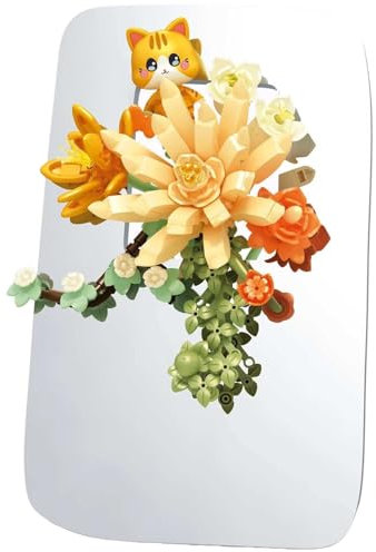 LONESTAR Klemmbausteine, Sembo Blumengesteck Orange, Deko Blumen mit Aufsteller und Kleiner Katze, kreatives Konstruktions Set für DIY Dekoration, feine Bausteine für stilvolles Basteln Zuhause