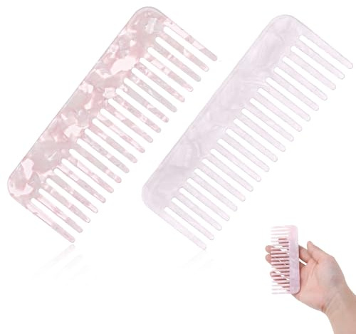 2 Pack Tortoise Combs, Portable Cellulose Wide Tooth Hair Detangling Comb Small No Handle Leopard Purse Pocket Size Comb for Wet Thick Curly Wavy Hair, Travel, Shower