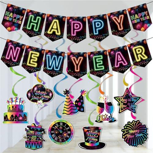 ParPix Spiral Girlande Silvester Deko 2026 Party Set, Happy New Year Deko Bunt,Silvester Deko Hängend Spirale+Happy New Year Banner,Silvester Dekoration,Neues Jahr Deko Spiralen,Neujahrsdeko Hängedeko