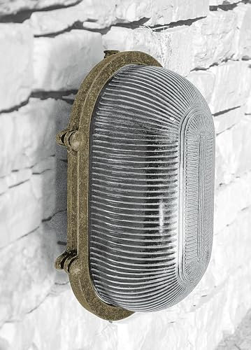 Außen Wandlampe Glas Messing massiv 26 cm klein IP64 E27 Maritim rostfrei kleine Ovalleuchte Kellerlampe Feuchtraumlampe Garagenlampe