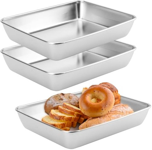MAHIONG 3 PCS Rectangle Cake Tin, 30 x 25 x 5.2 cm Deep Baking Trays, Stainless Steel Oven Trays for Cake, Lasagne Cookie, Pizza, Bread