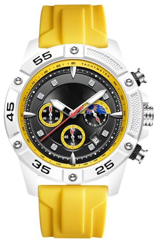 RORIOS Reloj de Pulsera Elegante para Hombre Relojes Casual Deportivos Reloj Cuarzo Analógico Multifuncional Reloj Cronógrafo Luminoso Correa de Silicona Amarillo