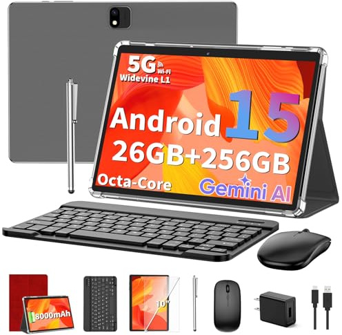 Relndoo Tablette Android 15 2025 avec clavier, 24 Go + 128 Go + 2 To, tablettes Octa-Core 2 en 1 de 10,1 pouces avec Wi-Fi 5G/2,4 G, 8000 mAh, BT5.0, certifié GMS, avec souris, étui, stylet, écran