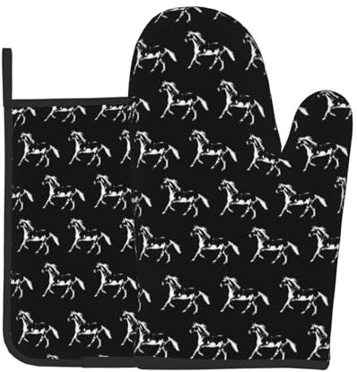 Küchenofenhandschuhe und Grillhandschuhe mit Pferdetrab auf schwarzen Topflappen, Ofenhandschuhe und Topflappen mit Kochhandschuhen zum Backen, Grillen, Kochen