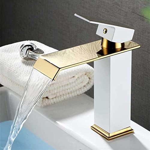s, Waschtisch-Mischbatterie, Wasserfall, Badezimmer-Waschbecken aus weißem und goldenem Messing, Einhebel-Loch-Deck, Vintage-Waschbecken, Warm- und Kaltmischbatterie, Kran für Badezimmer, Küche
