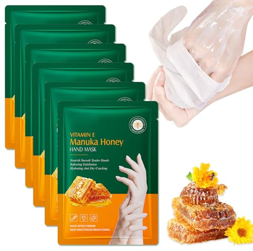 6 Pairs Hand Mask Gloves - Honey Hand Moisturiser Gloves - hand Masks for Dry Hands Repair - Moisturising gloves with Collagen Vitamins - Hydrating Nourishing Softening Exfoliating