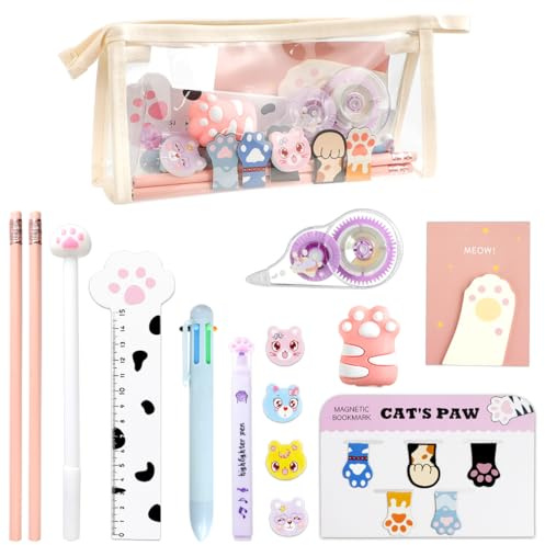 19 PCS Set Cartoleria con Zampa di Gatto, Mini Rullo per Matite Kawaii Cartone, Segnalibri Magnetici, Note Adesive Pennarelli, Nastro Correttore, Righello, Gomma per Bambini Amanti Dei Gatti
