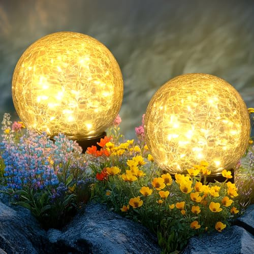 Ciskotu 2 Pack Solar Lights Outdoor Garden, 60 LED Solar Ground Garden Lights, IP44 Waterproof Crackle Ball for Pathway Walkway Fence Lawn Yard Patio (Warm White)