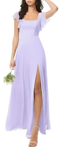 Vestido de dama de honor de gasa con cuello cuadrado para mujer, vestido largo de noche, formal, cintura imperio, vestido de invitada de boda con abertura, Lila, 54 Grande