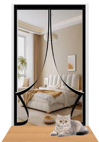 Mosquito Door Net Magnetic 144 x 200 cm Easy to Install Without Drilling Door Fly Screen Curtain with Powerful Magnets/Full Frame Magic Tape for Home Office Balcony Patio Garden, Black