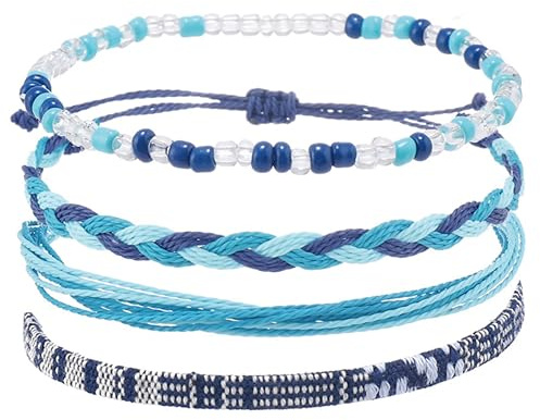 DmDoyy Pulsera De Estilo Bohemio, 4 PCS Pulseras Amistad Pulseras Tela Cuerda, Ajustable Pulsera De Onda De Surfista, Para Hombre Y Mujer Juego - Azul