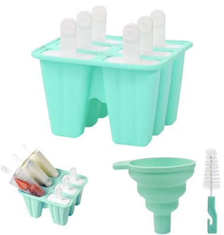 6-Hole Silicone Ice Lolly Mould - Reusable BPA Free Ice Cream and Popsicle Mold, Easy Release Homemade Popsicle Maker with Cleaning Brush and Folding Funnel.