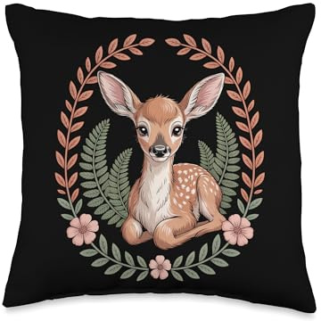 Cottagecore Baby Deer Fawn in Floral Fern Wreath Throw Pillow