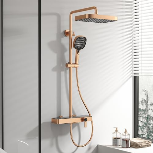 BiaoTeng Colonne de Douche pour Baignoire avec Mitigeur eau Chaude et Froide Kit Douche Salle de Bain Laiton Monocommande Or Rose Brossé